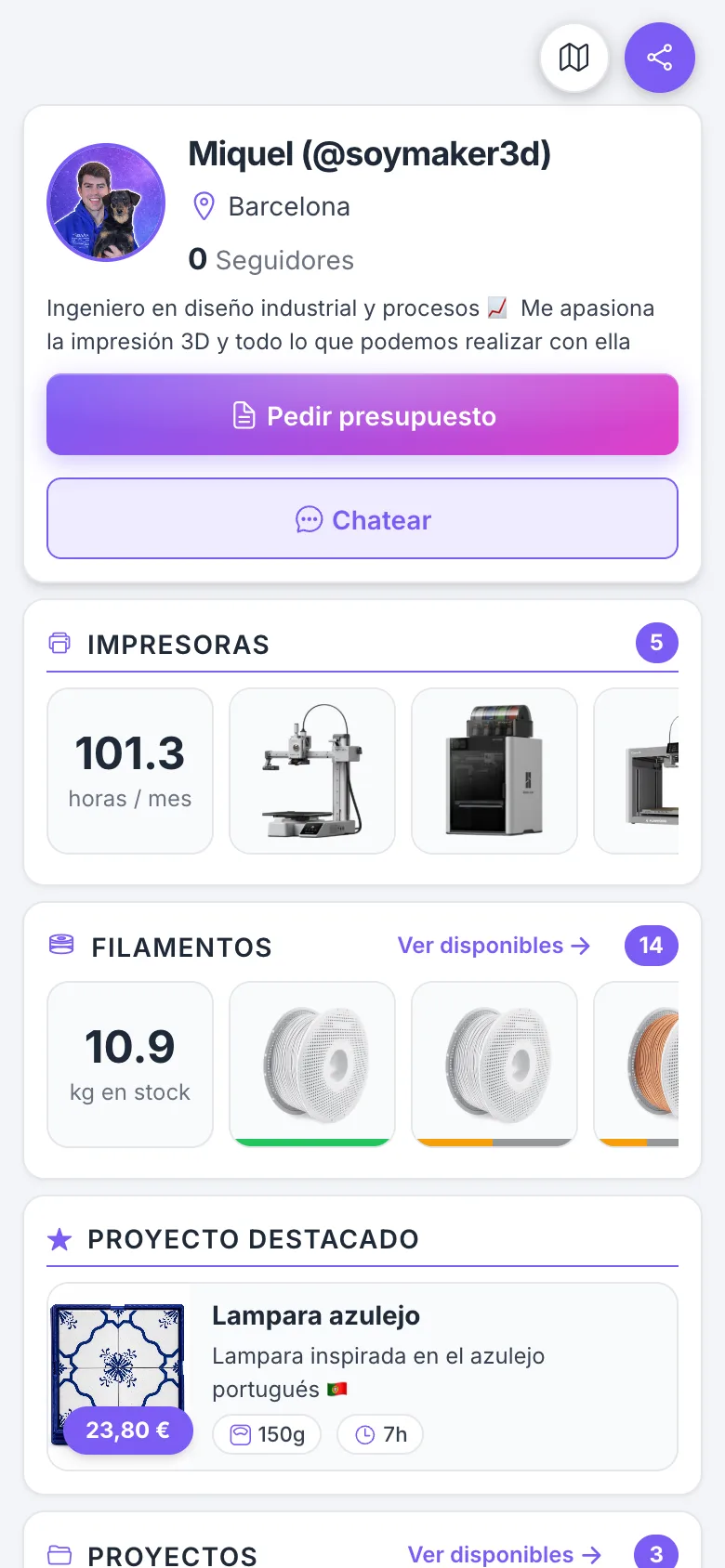 Vista previa de la app MakerUp en un móvil: perfil público de un maker